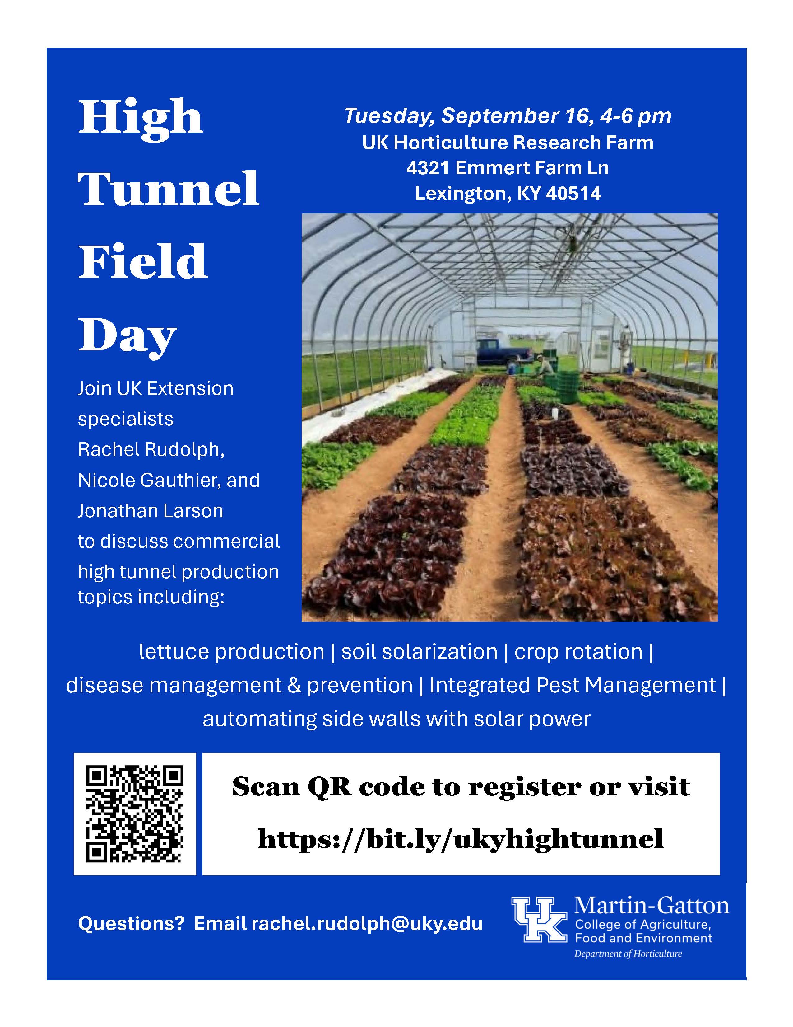 A flyer describing the high tunnel field day for September 16th, 2025
