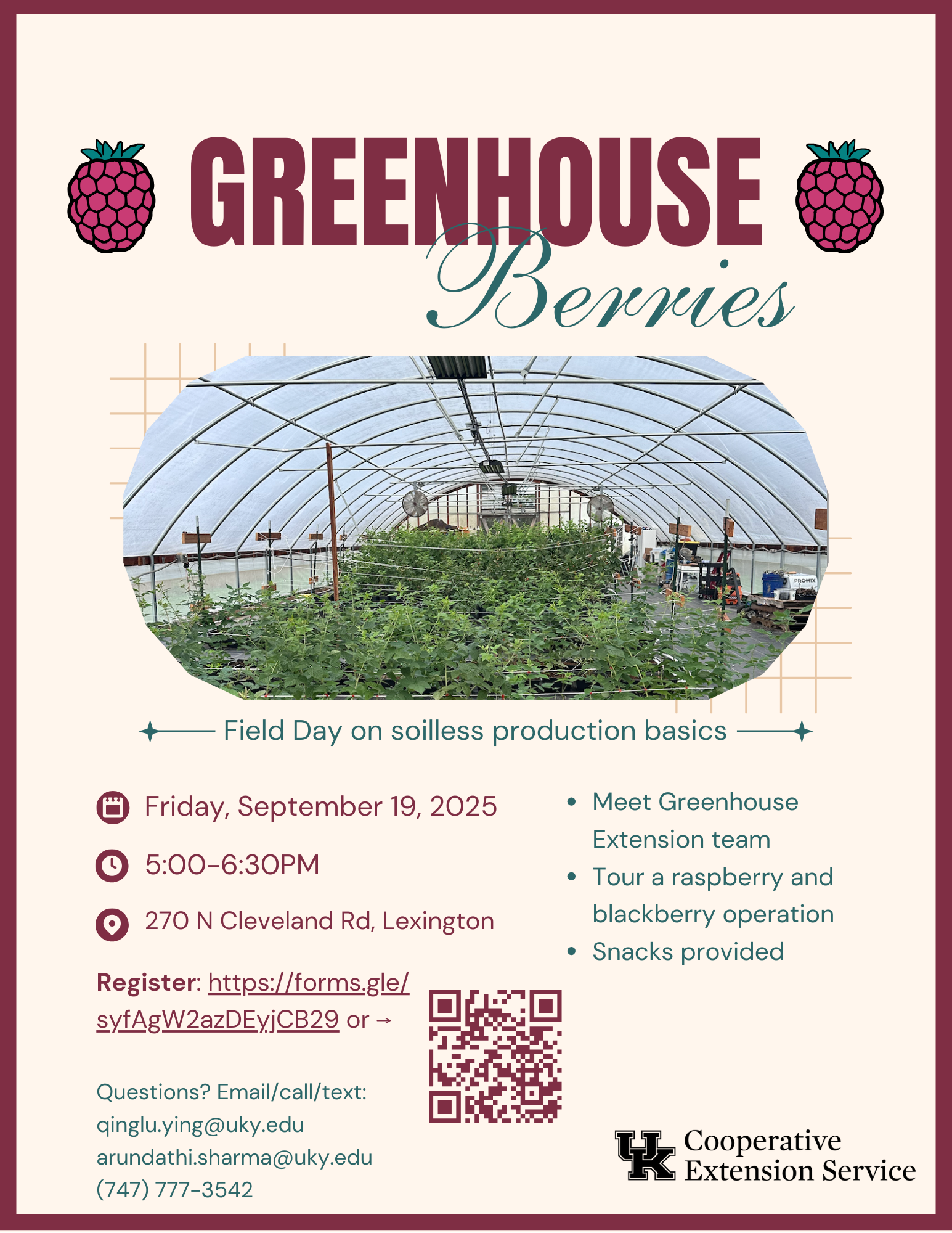 Flyer advertising the Greenhouse Berries Field Day on September 19th, 2025 from 5:00-6:30 p.m. at 270 N Cleveland Rd, Lexington KY. Registration is required.
